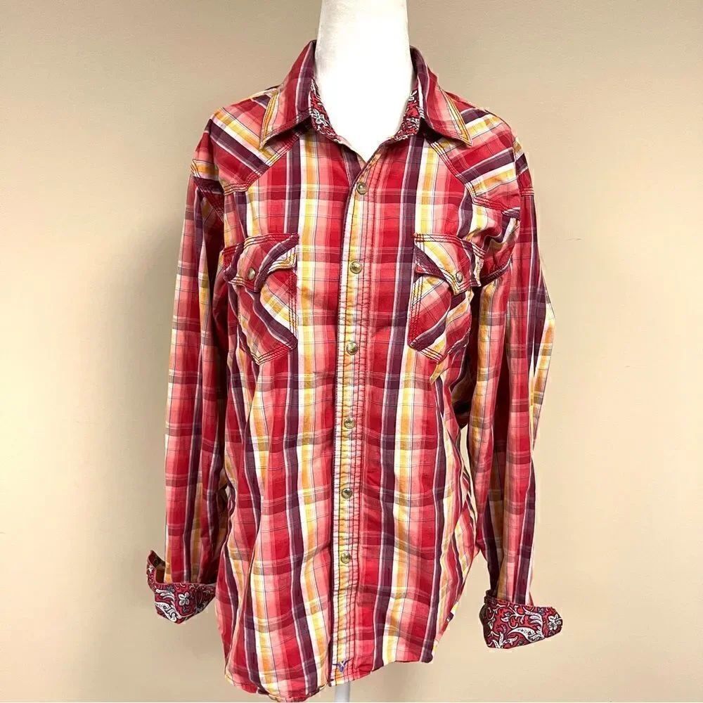 ๐ Wranglerโplaidโwithย paisleyโcuffโsnapโbuttonโdownโshirtโSzโM